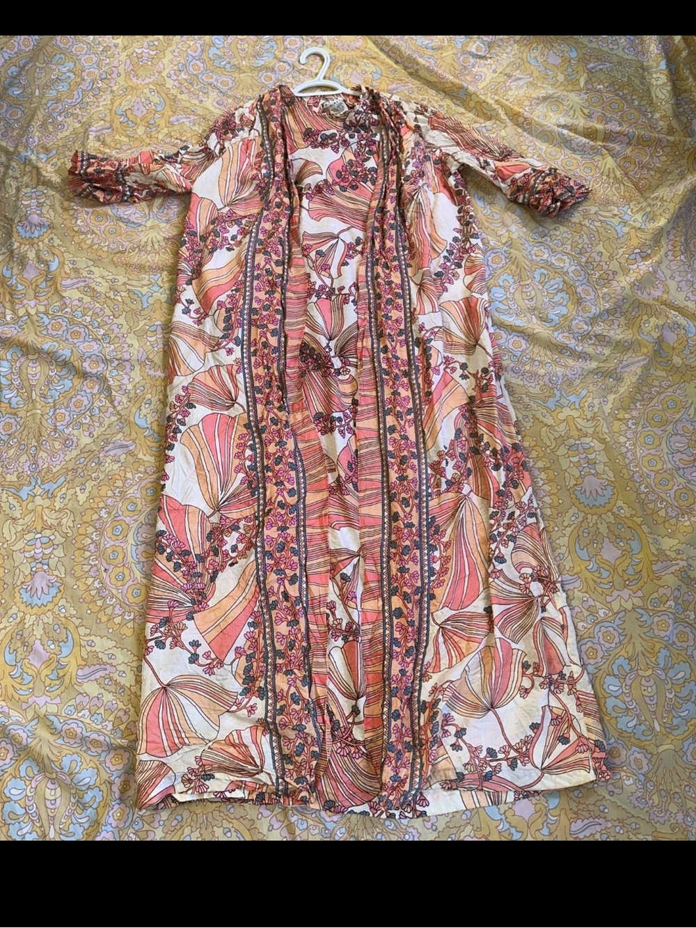 Vintage 70s Lounge Craft Hostess Kaftan Attached Jacket Wrap Maxi Dress Duster